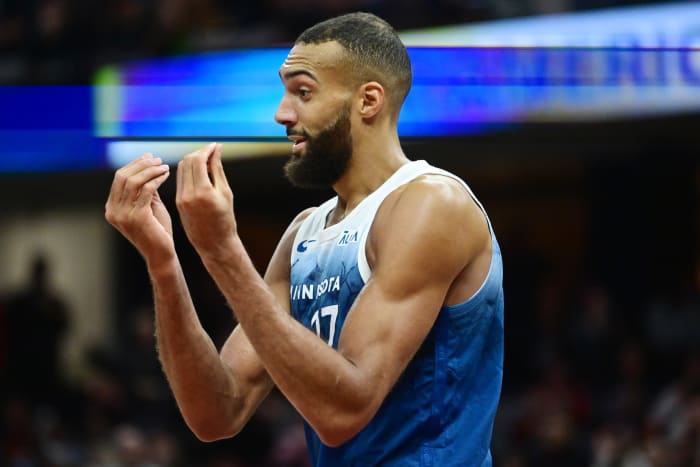Mar 8, 2024; Cleveland, Ohio, USA; Minnesota Timberwolves center Rudy Gobert (27) reacts after fouling out during the second half against the Cleveland Cavaliers at Rocket Mortgage FieldHouse.